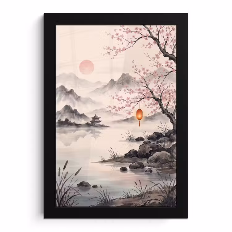 Poster met lijst - Japans Landschap Kersenbloesem Lantaarn