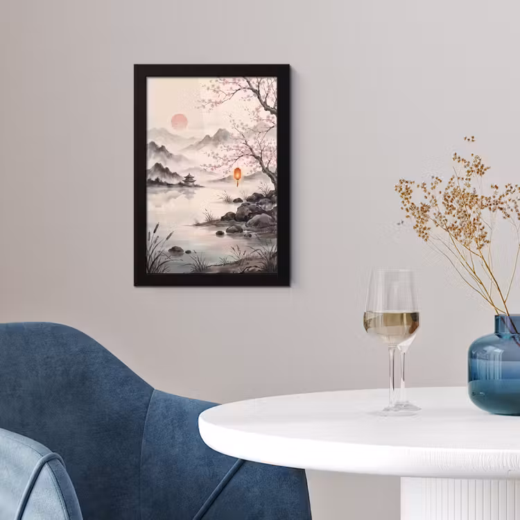 Poster met lijst - Japans Landschap Kersenbloesem Lantaarn — 4