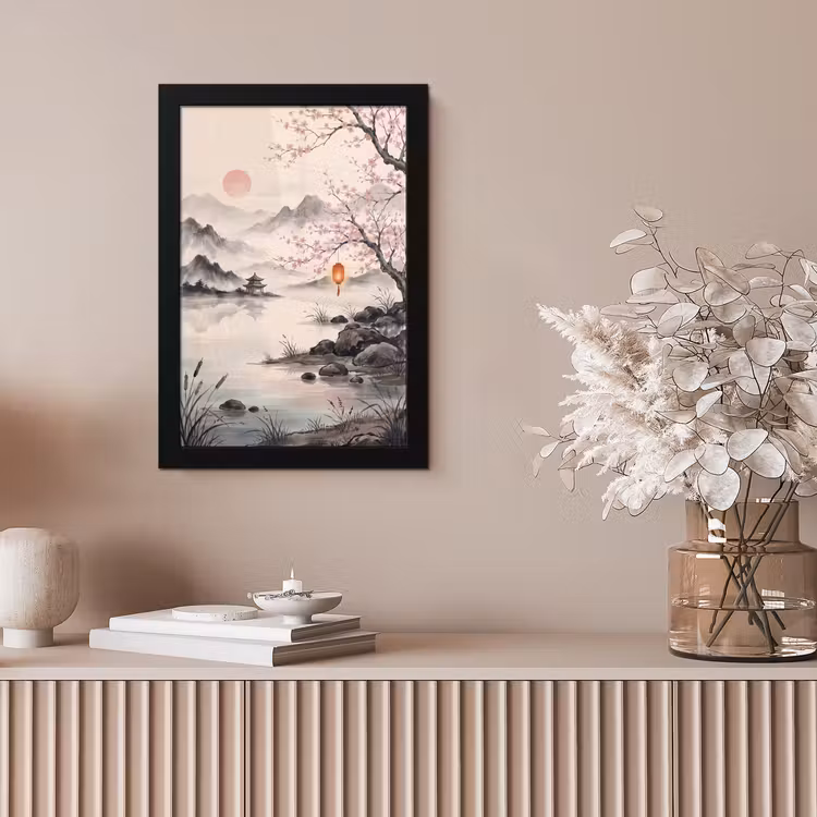 Poster met lijst - Japans Landschap Kersenbloesem Lantaarn — 5