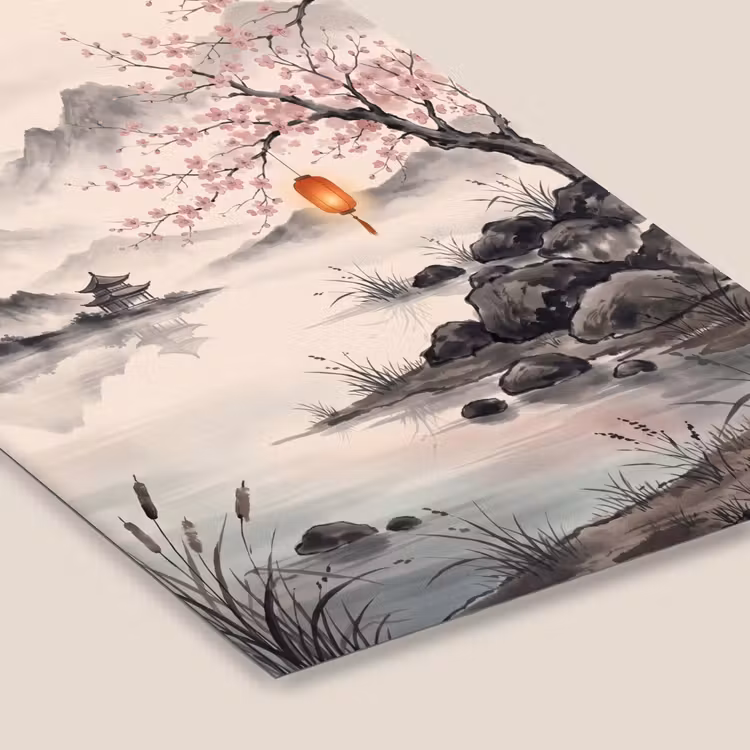 Poster met lijst - Japans Landschap Kersenbloesem Lantaarn — 7