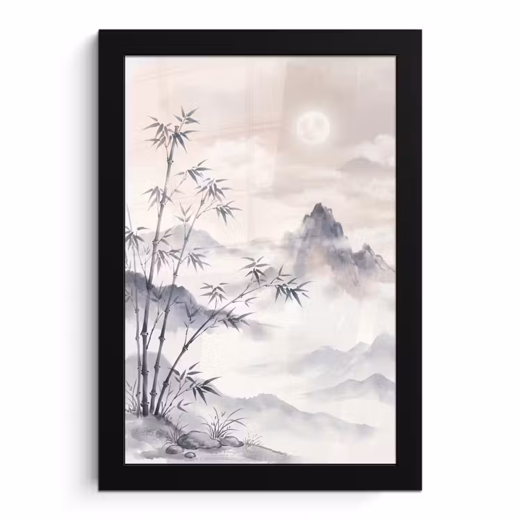 Poster met lijst - Bamboe Bergen Mist Aquarel — 1