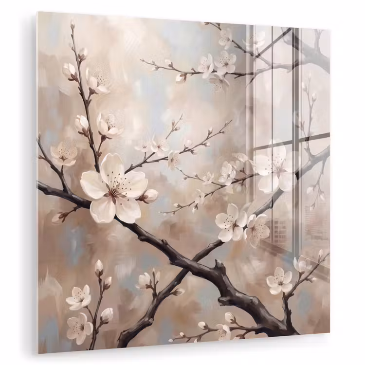 Glas schilderij - Bloesem - Takken - Schilderij - Beige - Serene