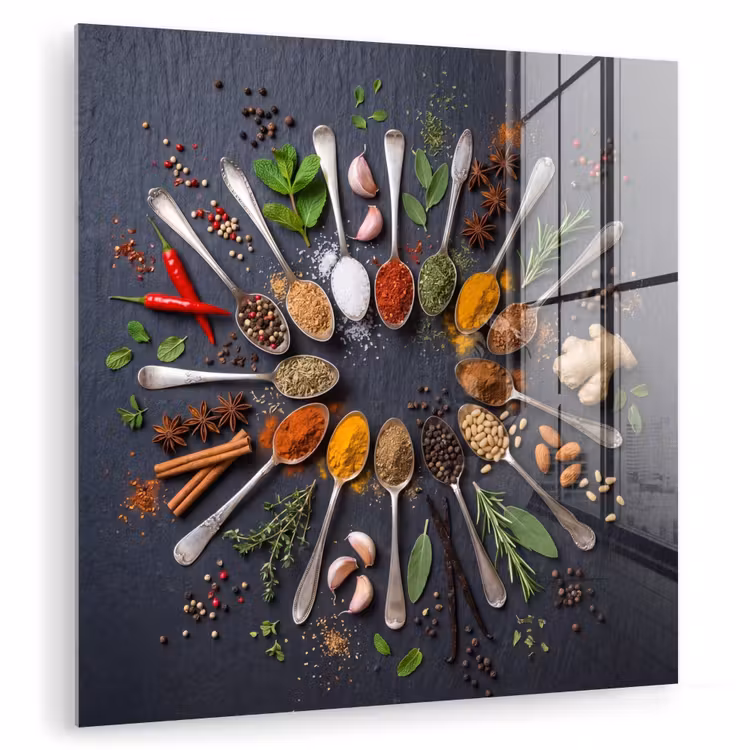 Glas schilderij - Kruiden - Lepels - Culinair - Kleurrijk - Sfeervol