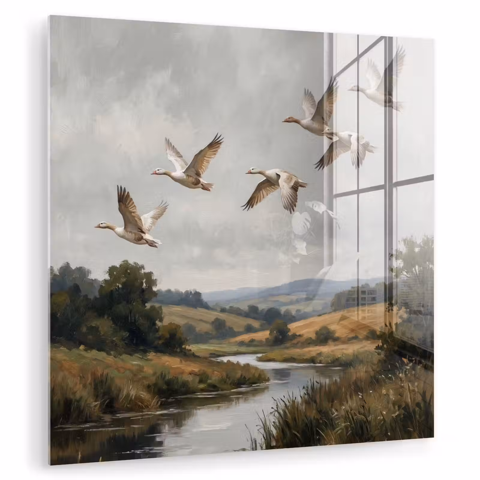 Glas schilderij - Eenden - Rivier - Landschap - Vlucht - Nostalgisch — 1