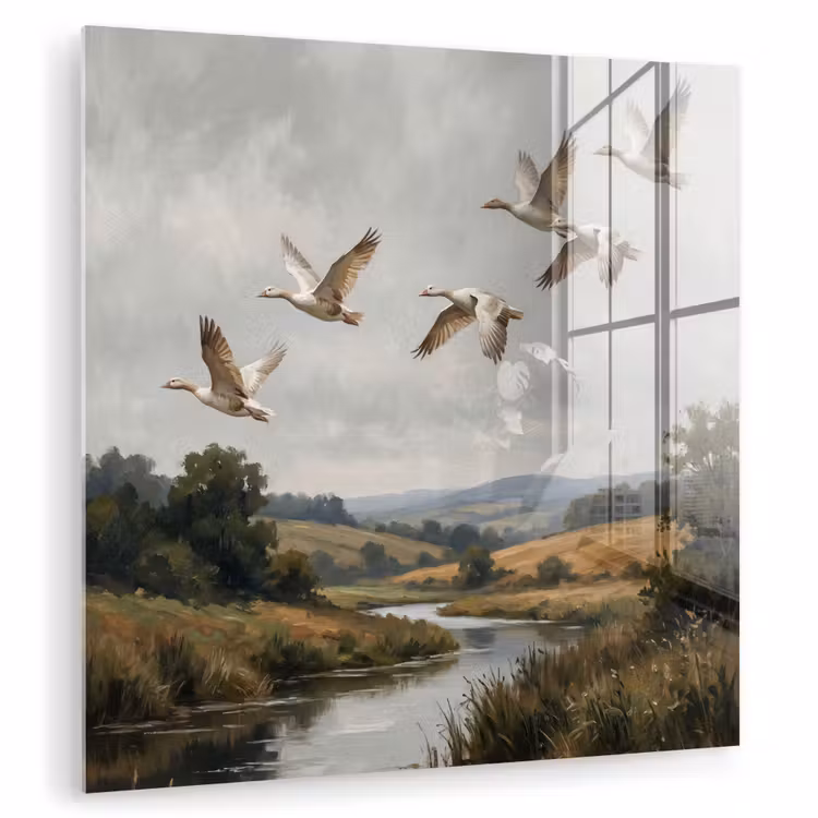 Glas schilderij - Eenden - Rivier - Landschap - Vlucht - Nostalgisch