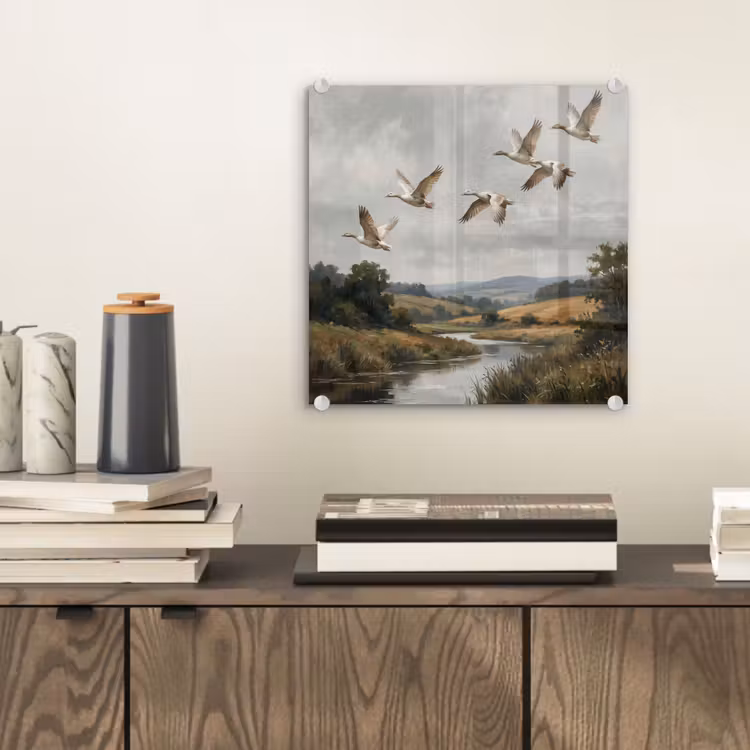Glas schilderij - Eenden - Rivier - Landschap - Vlucht - Nostalgisch — 2