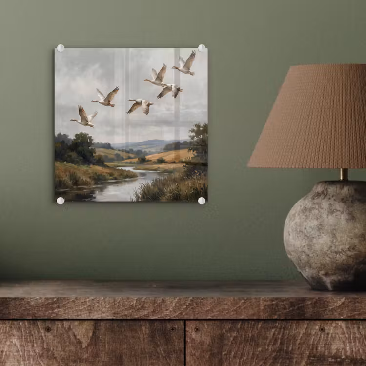 Glas schilderij - Eenden - Rivier - Landschap - Vlucht - Nostalgisch — 4