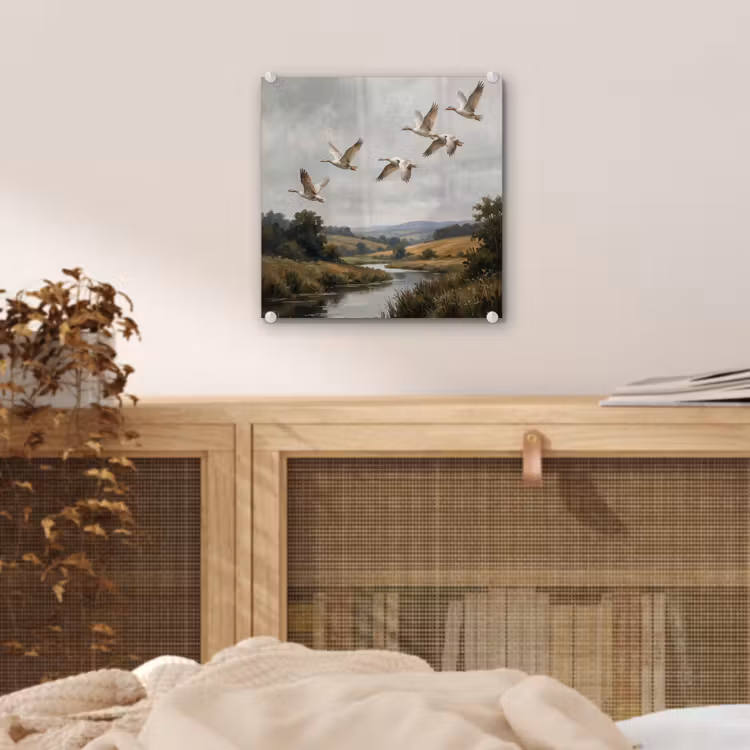 Glas schilderij - Eenden - Rivier - Landschap - Vlucht - Nostalgisch — 5
