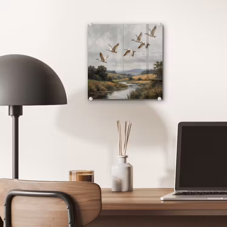 Glas schilderij - Eenden - Rivier - Landschap - Vlucht - Nostalgisch — 7