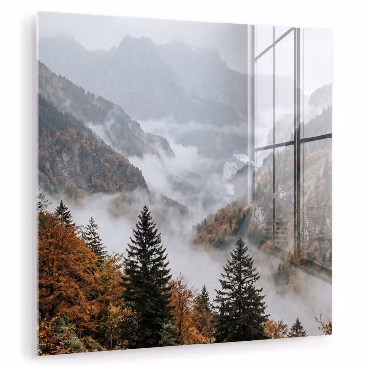 Glas schilderij - Bergen - Vallei - Mist - Herfst - Natuur