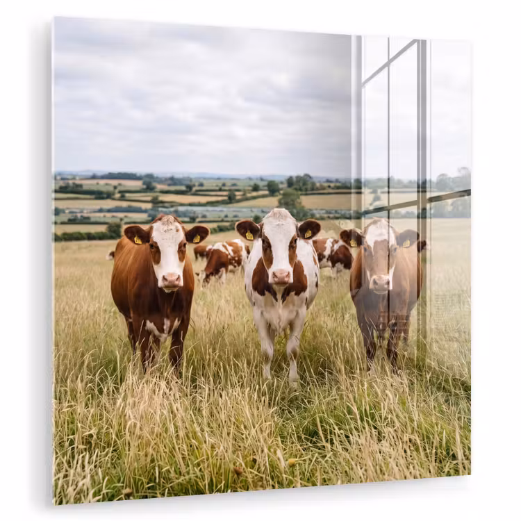 Glas schilderij - Koeien - Portret - Weide - Boerderij - Nieuwsgierig