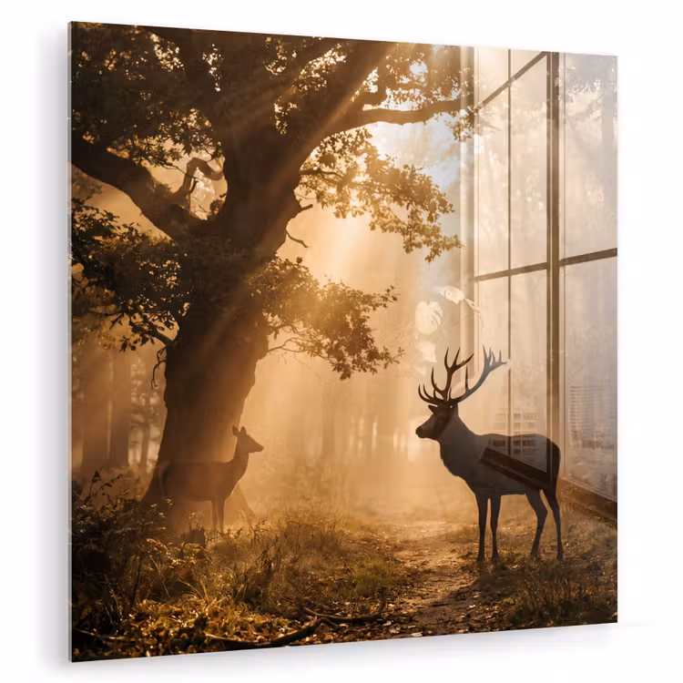 Glas schilderij - Hert - Bos - Mistig - Natuur - Goud