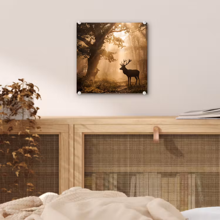 Glas schilderij - Hert - Bos - Mistig - Natuur - Goud — 5