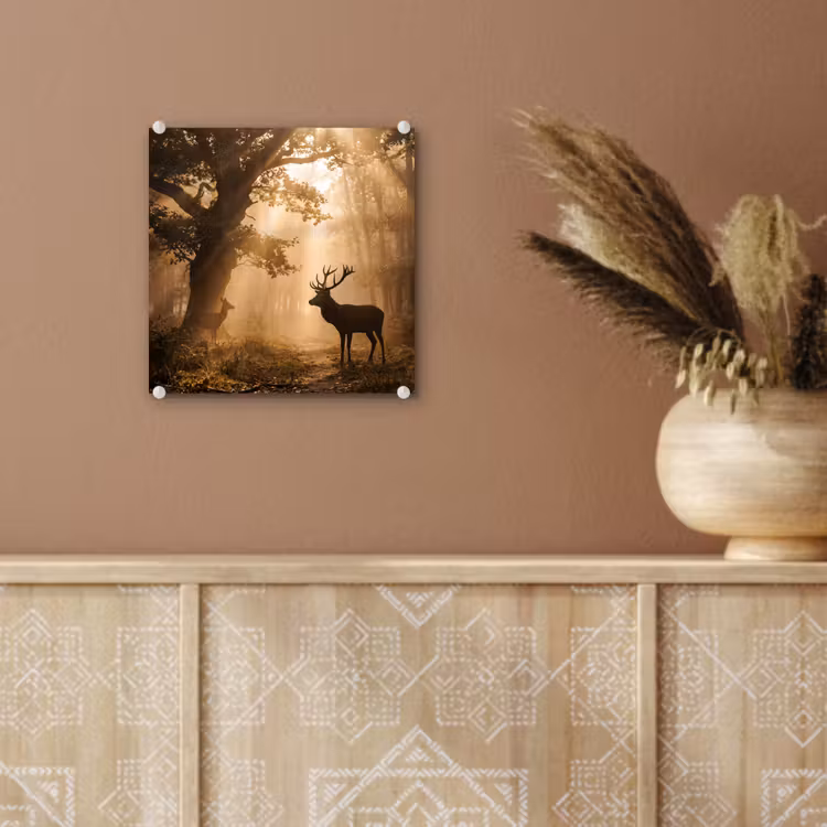 Glas schilderij - Hert - Bos - Mistig - Natuur - Goud — 6