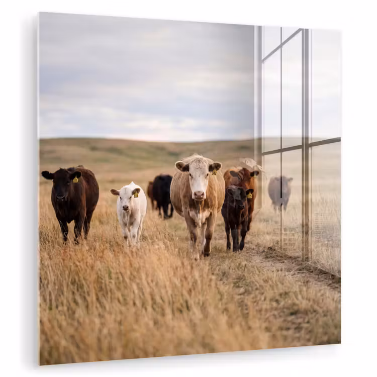 Glas schilderij - Runderen - Kudde - Landschap - Weide - Rustig