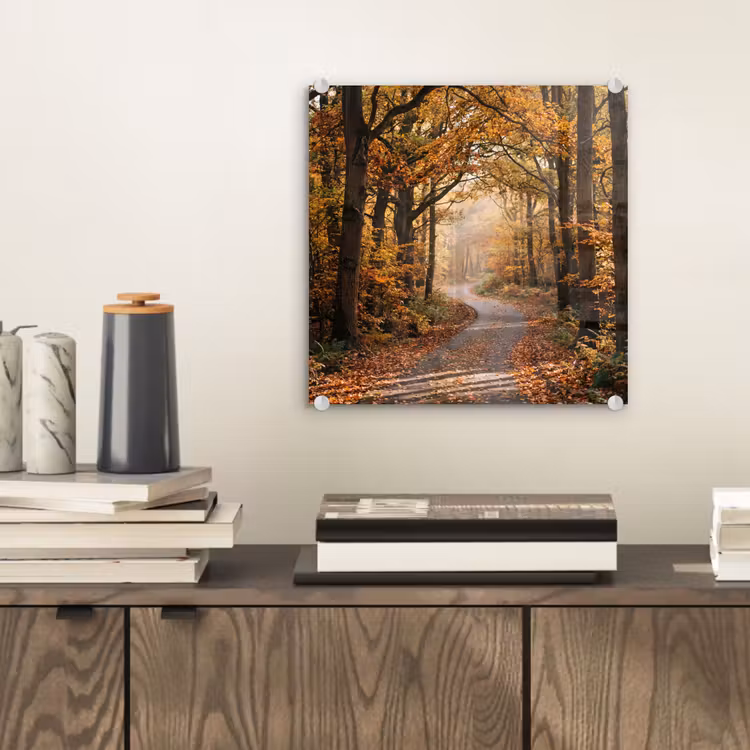 Glas schilderij - Bospad - Herfstbos - Bladeren - Oranje - Nostalgisch — 2