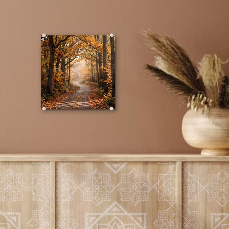 Glas schilderij - Bospad - Herfstbos - Bladeren - Oranje - Nostalgisch — 6