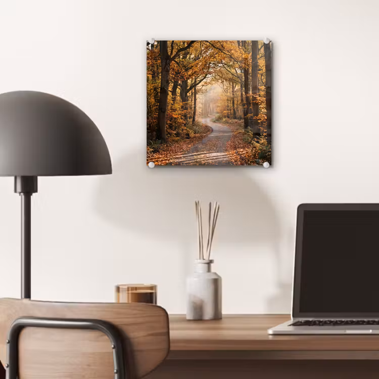 Glas schilderij - Bospad - Herfstbos - Bladeren - Oranje - Nostalgisch — 7