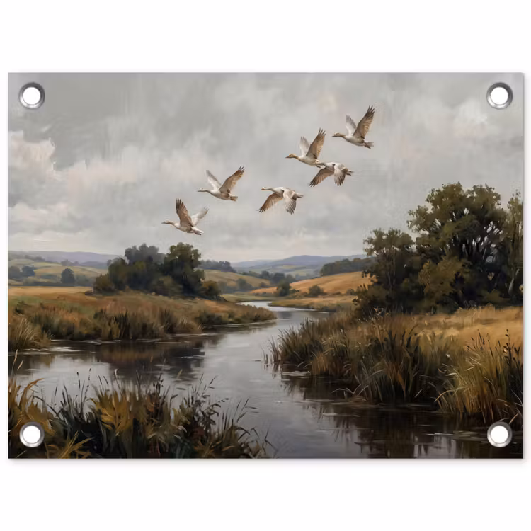 Tuinposter - Eenden - Rivier - Landschap - Vlucht - Nostalgisch
