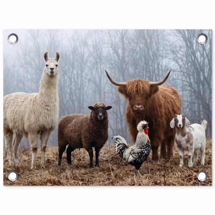 Tuinposter - Boerderijdieren - Groep - Mist - Natuur - Rustiek