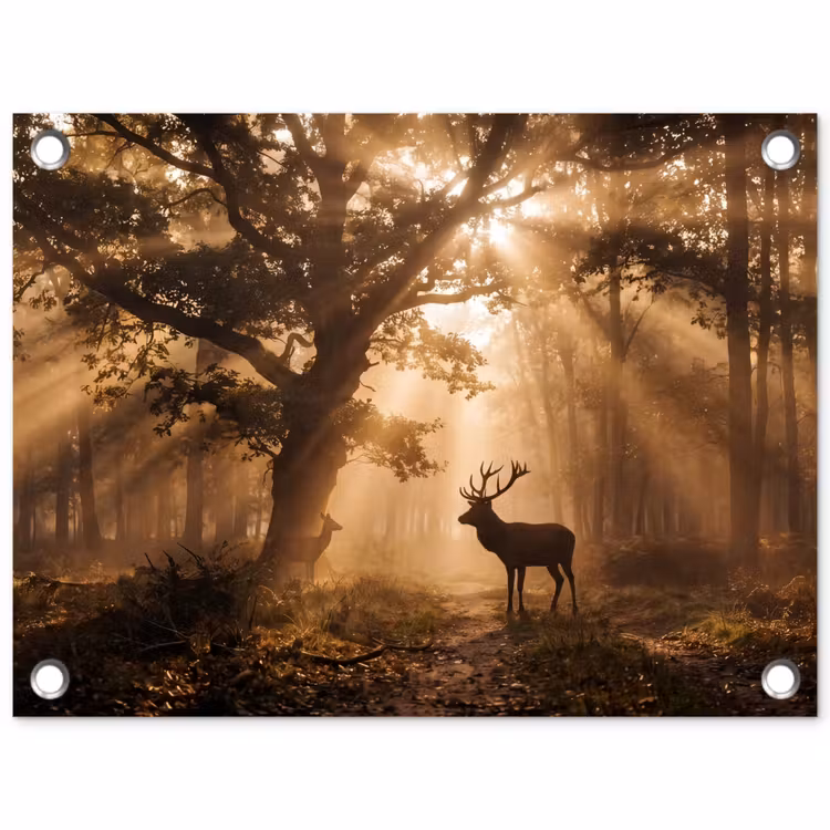 Tuinposter - Hert - Bos - Mistig - Natuur - Goud