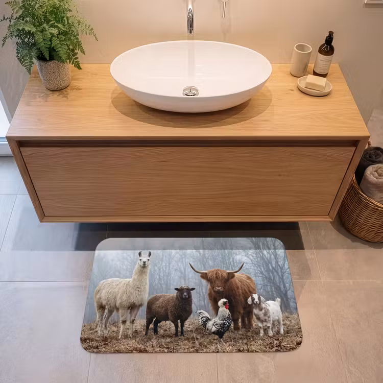Badmat - Boerderijdieren - Groep - Mist - Natuur - Rustiek — 2