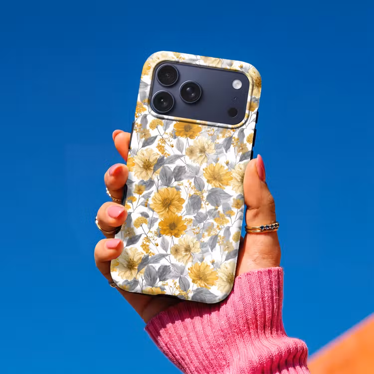 Telefoonhoesje Toughcase - Bloemen - Botanisch - Elegant - Okergeel - Grijs — 2