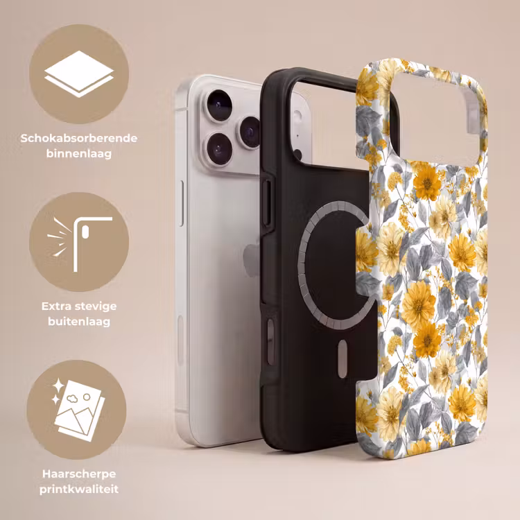 Telefoonhoesje Toughcase - Bloemen - Botanisch - Elegant - Okergeel - Grijs — 3
