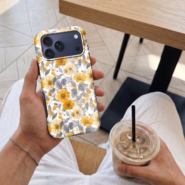 Telefoonhoesje Toughcase - Bloemen - Botanisch - Elegant - Okergeel - Grijs — 4