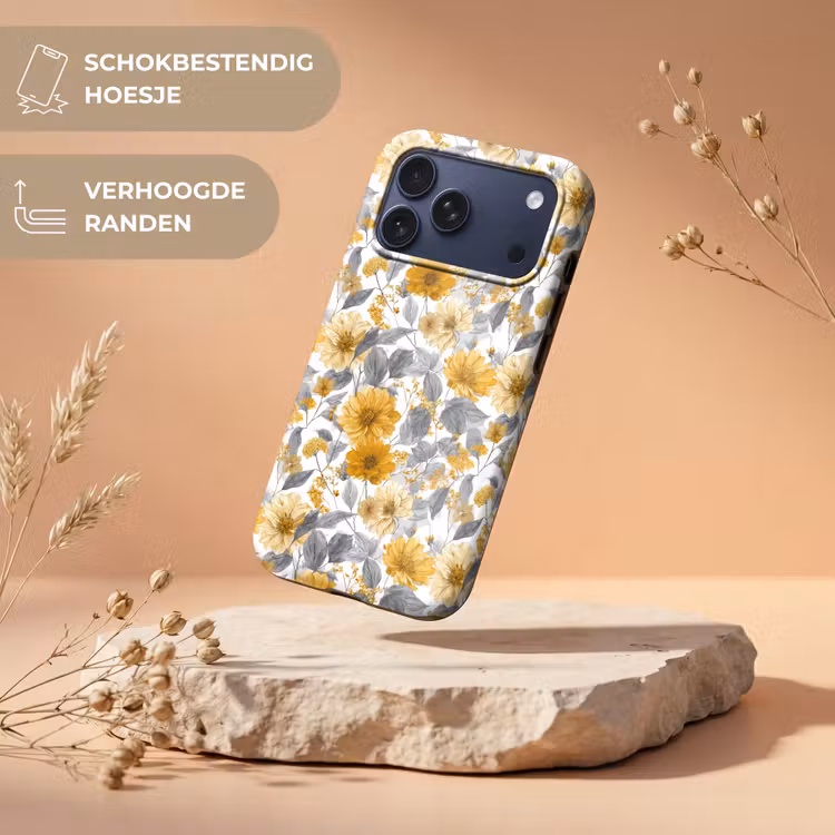 Telefoonhoesje Toughcase - Bloemen - Botanisch - Elegant - Okergeel - Grijs — 5