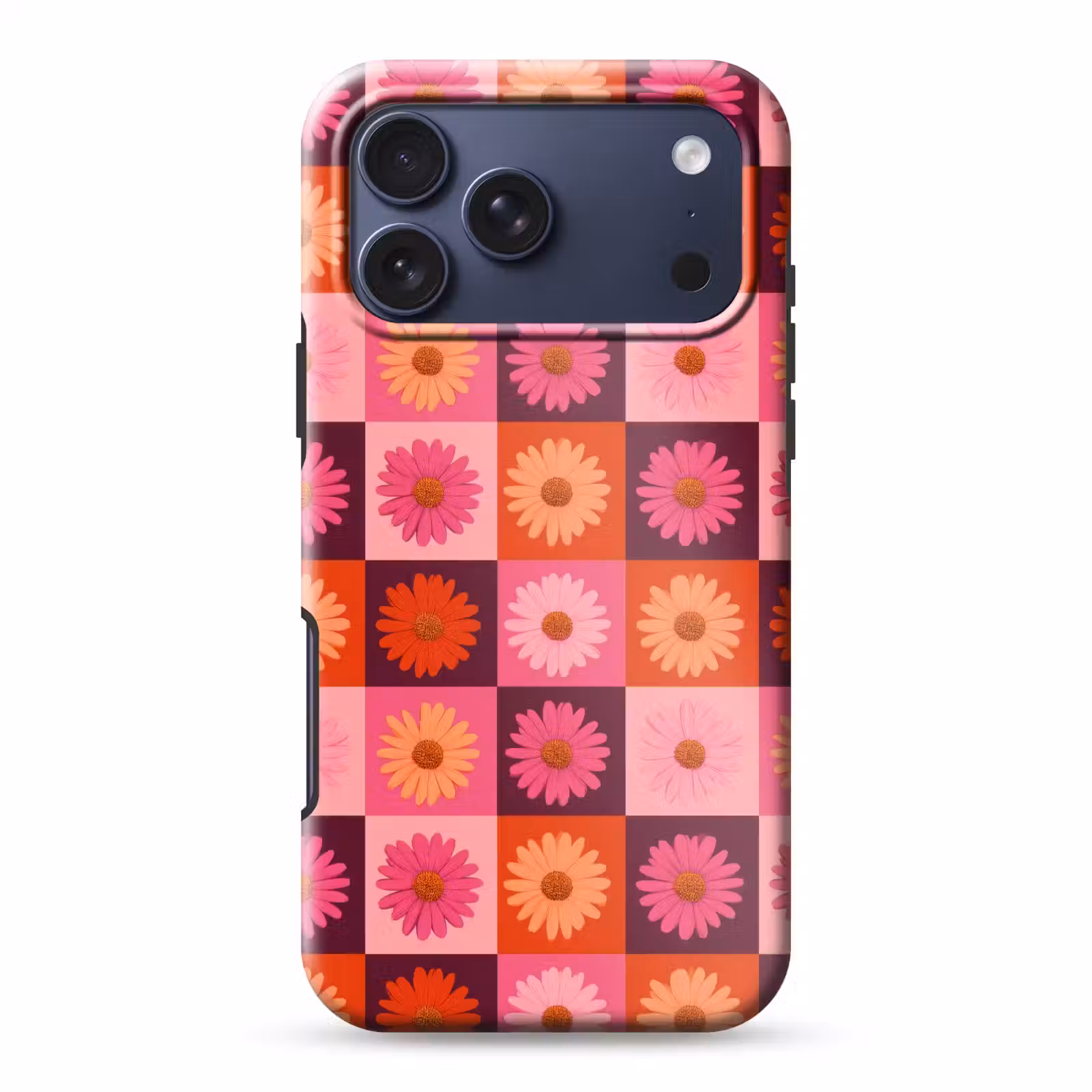 Telefoonhoesje Toughcase - Madeliefjes - Dambord - Retro - Roze - Oranje — 1