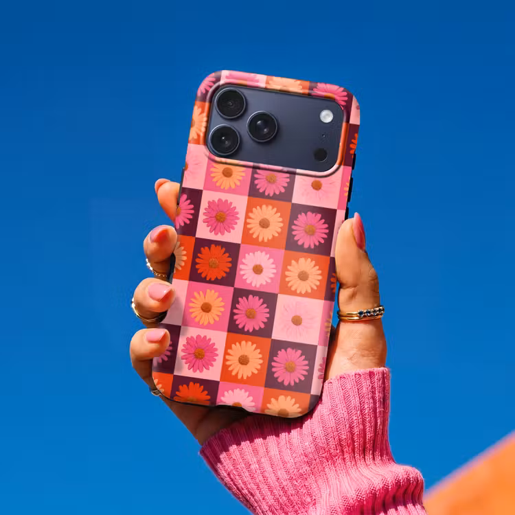 Telefoonhoesje Toughcase - Madeliefjes - Dambord - Retro - Roze - Oranje — 2