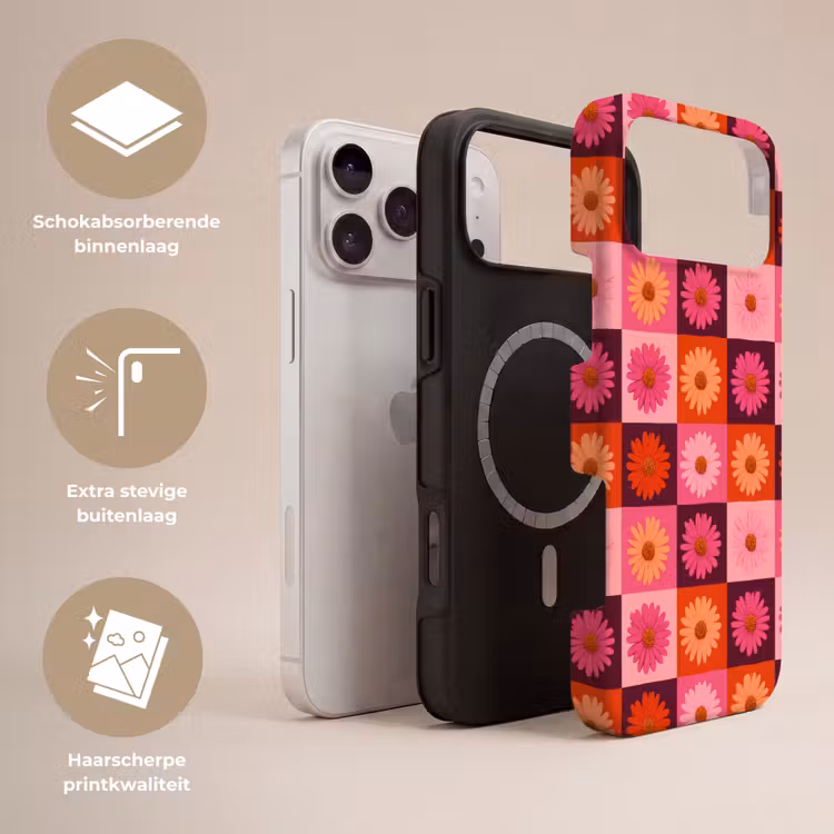Telefoonhoesje Toughcase - Madeliefjes - Dambord - Retro - Roze - Oranje — 3
