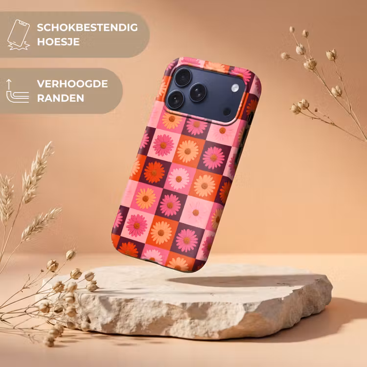 Telefoonhoesje Toughcase - Madeliefjes - Dambord - Retro - Roze - Oranje — 5