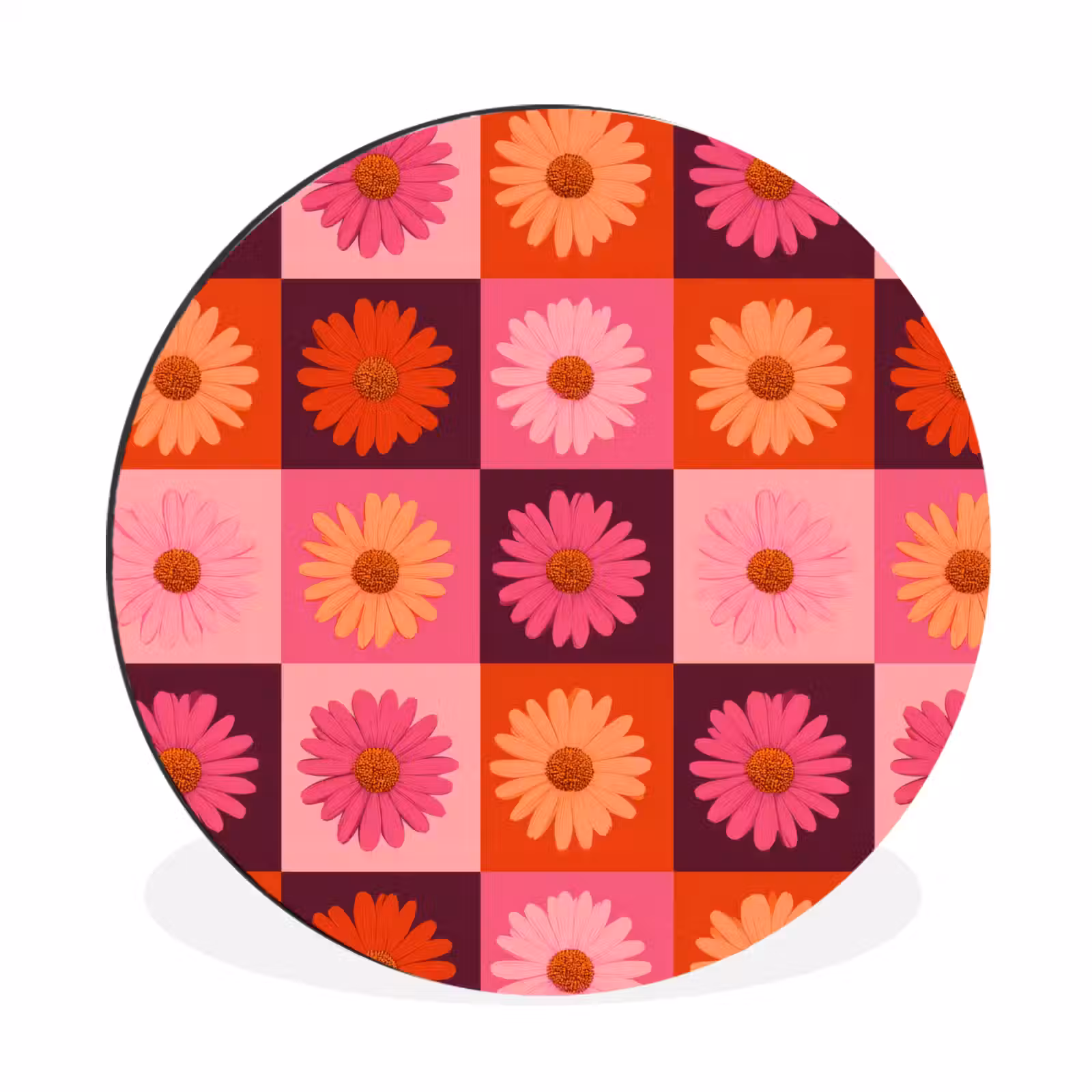 Wandcirkel - Aluminium - Madeliefjes - Dambord - Retro - Roze - Oranje — 1