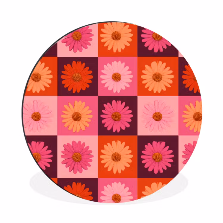 Wandcirkel - Aluminium - Madeliefjes - Dambord - Retro - Roze - Oranje — 1