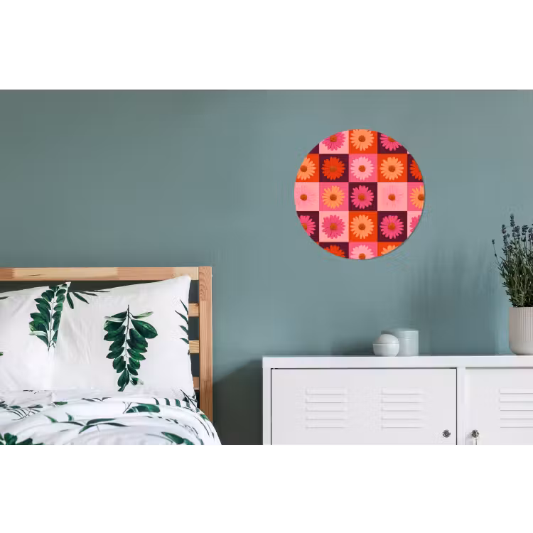Wandcirkel - Aluminium - Madeliefjes - Dambord - Retro - Roze - Oranje — 4