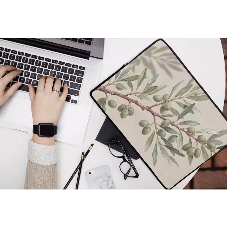 Laptophoes - Olijftak - Bladeren - Natuur - Groen - Beige — 3