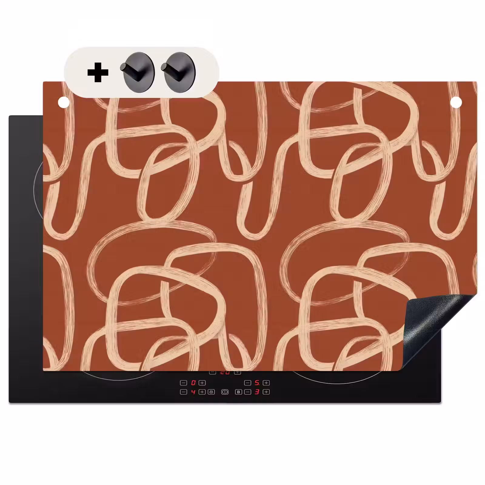 Inductie beschermer en spatscherm (2in1) - Lijnen - Abstract - Organisch - Terracotta - Crème — 1
