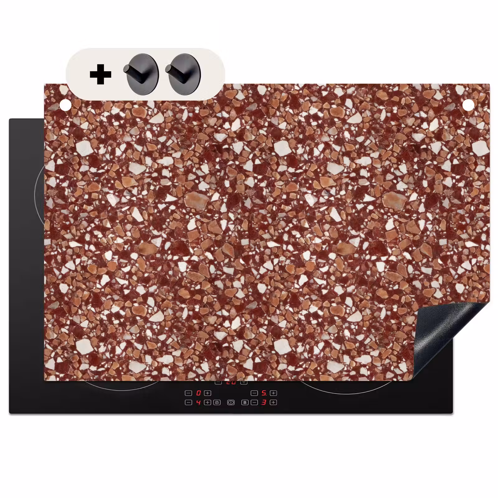 Inductie beschermer en spatscherm (2in1) - Terrazzo - Patroon - Steentextuur - Roodbruin — 1