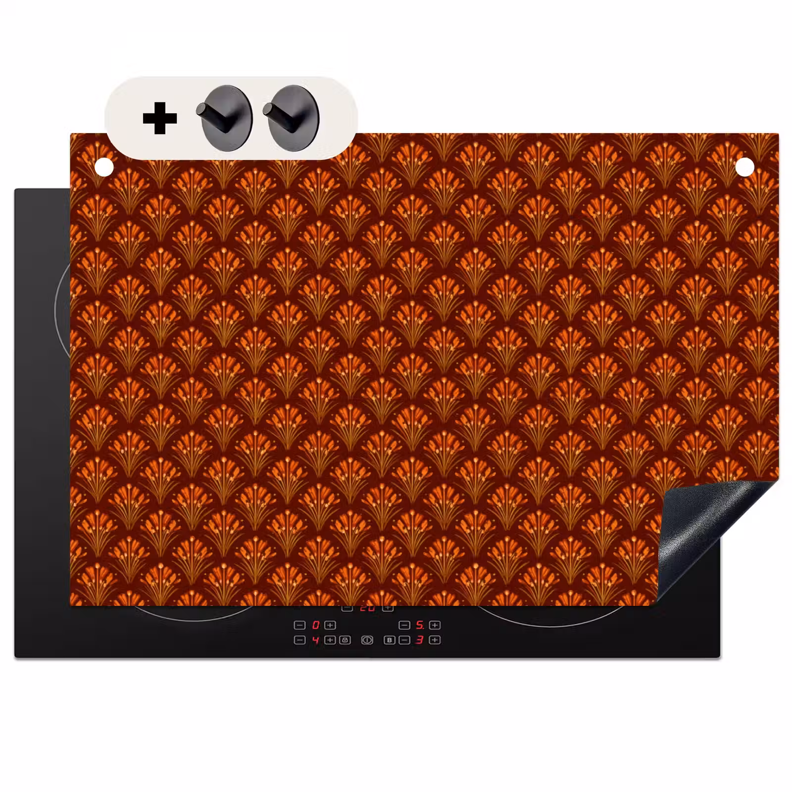 Inductie beschermer en spatscherm (2in1) - Waaiers - Art Deco - Botanisch - Roestbruin - Oranje — 1
