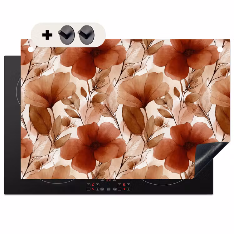 Inductie beschermer en spatscherm (2in1) - Bloemen - Aquarel - Botanisch - Terracotta — 1