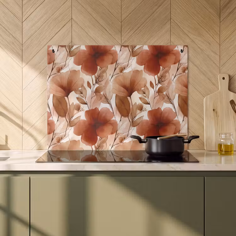 Inductie beschermer en spatscherm (2in1) - Bloemen - Aquarel - Botanisch - Terracotta — 2