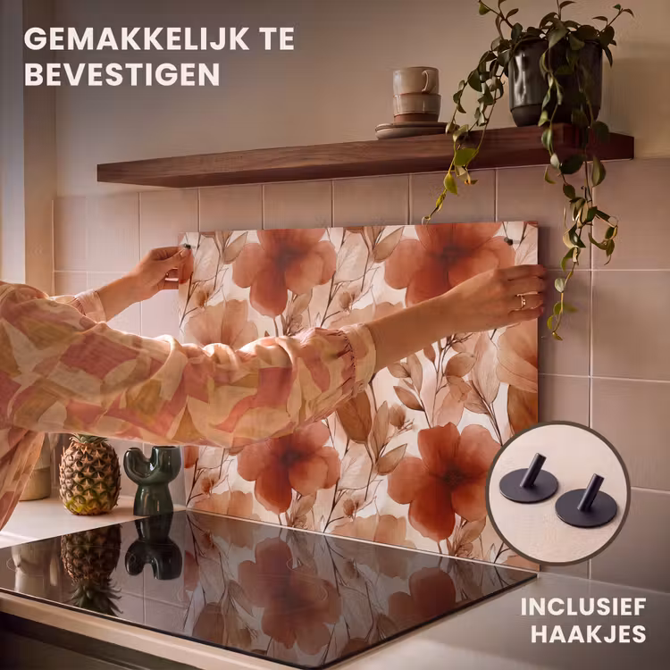 Inductie beschermer en spatscherm (2in1) - Bloemen - Aquarel - Botanisch - Terracotta — 7