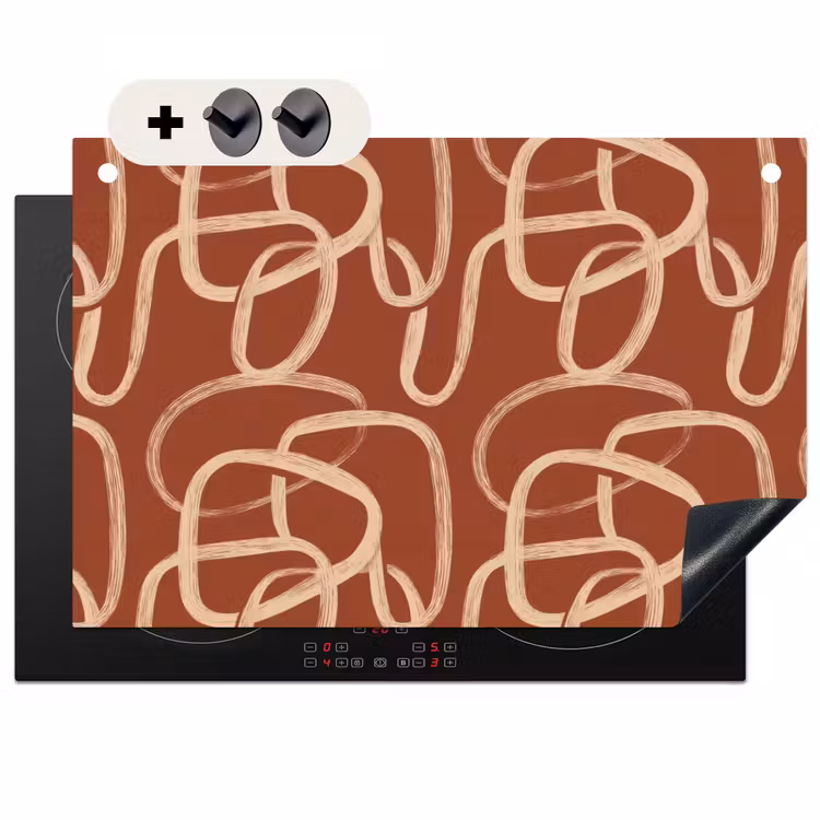 Inductie beschermer en spatscherm (2in1) - Lijnen - Abstract - Organisch - Terracotta - Crème — 1