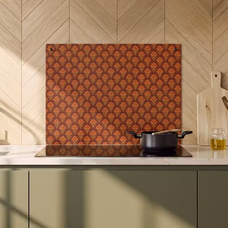 Inductie beschermer en spatscherm (2in1) - Waaiers - Art Deco - Botanisch - Roestbruin - Oranje — 2