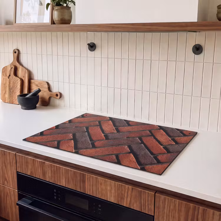 Inductie beschermer en spatscherm (2in1) - Bakstenen - Visgraat - Structuur - Roodbruin — 3