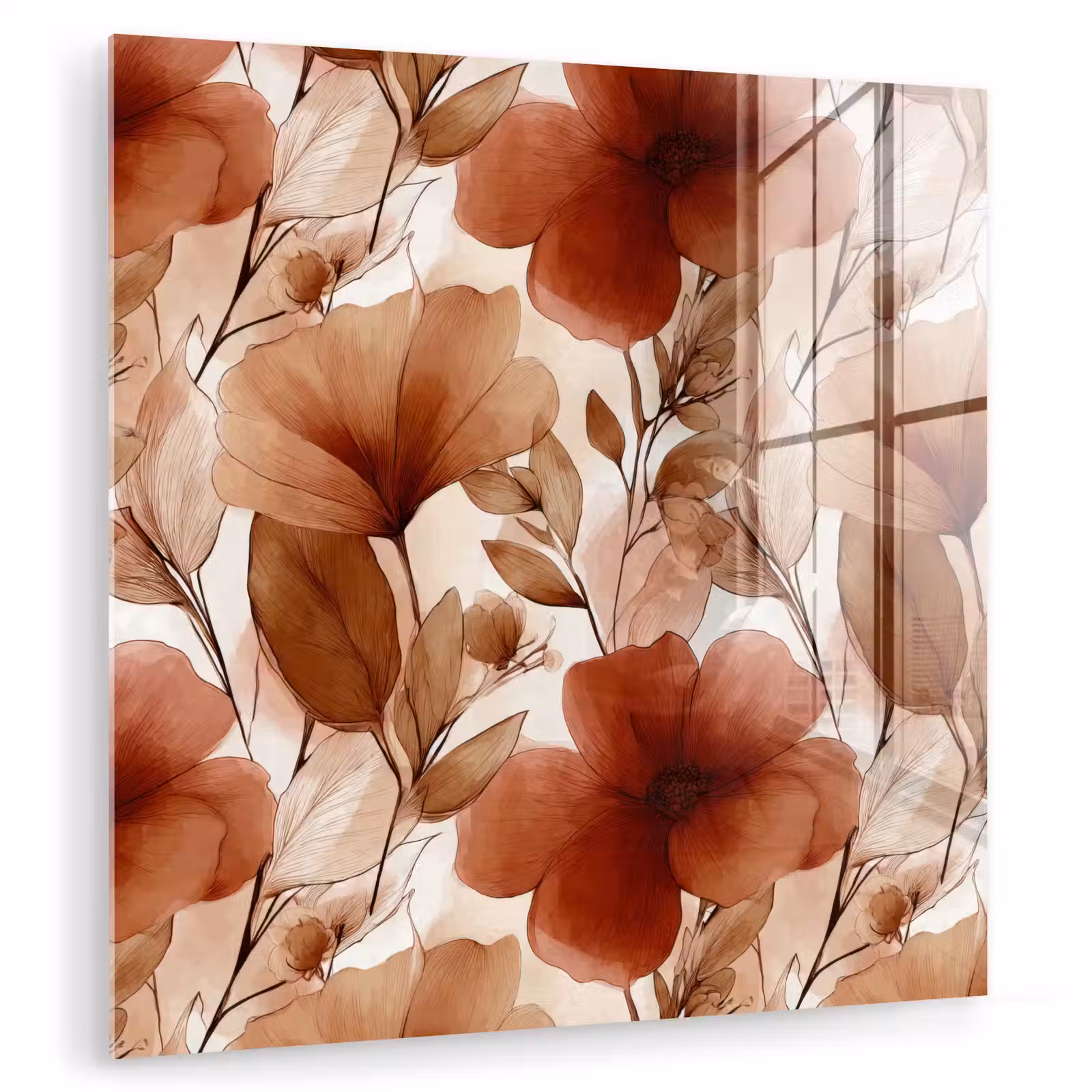 Glas schilderij - Bloemen - Aquarel - Botanisch - Terracotta — 1