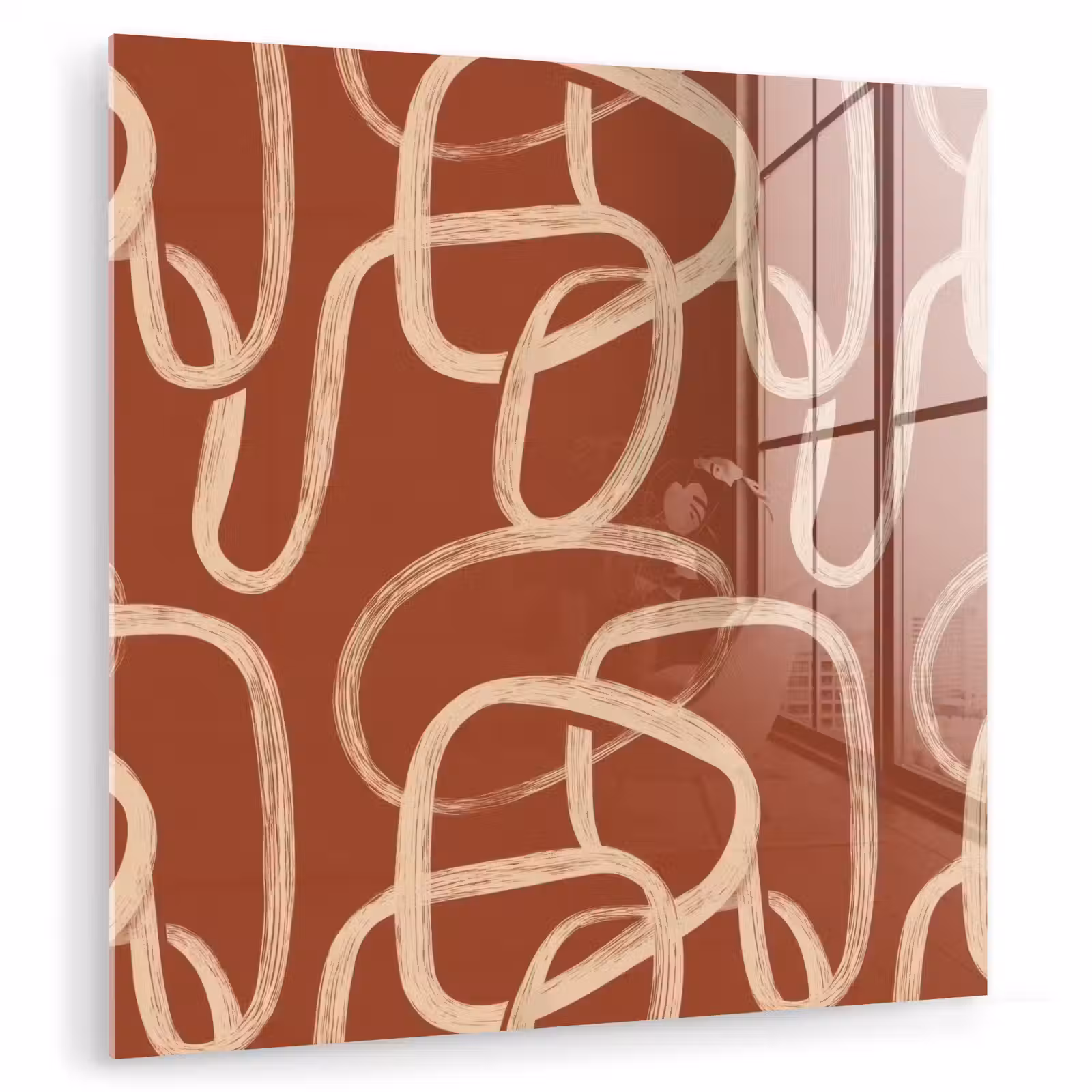 Glas schilderij - Lijnen - Abstract - Organisch - Terracotta - Crème — 1