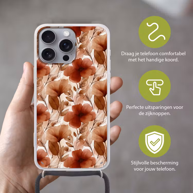 Telefoonhoesje met koord - Bloemen - Aquarel - Botanisch - Terracotta — 4